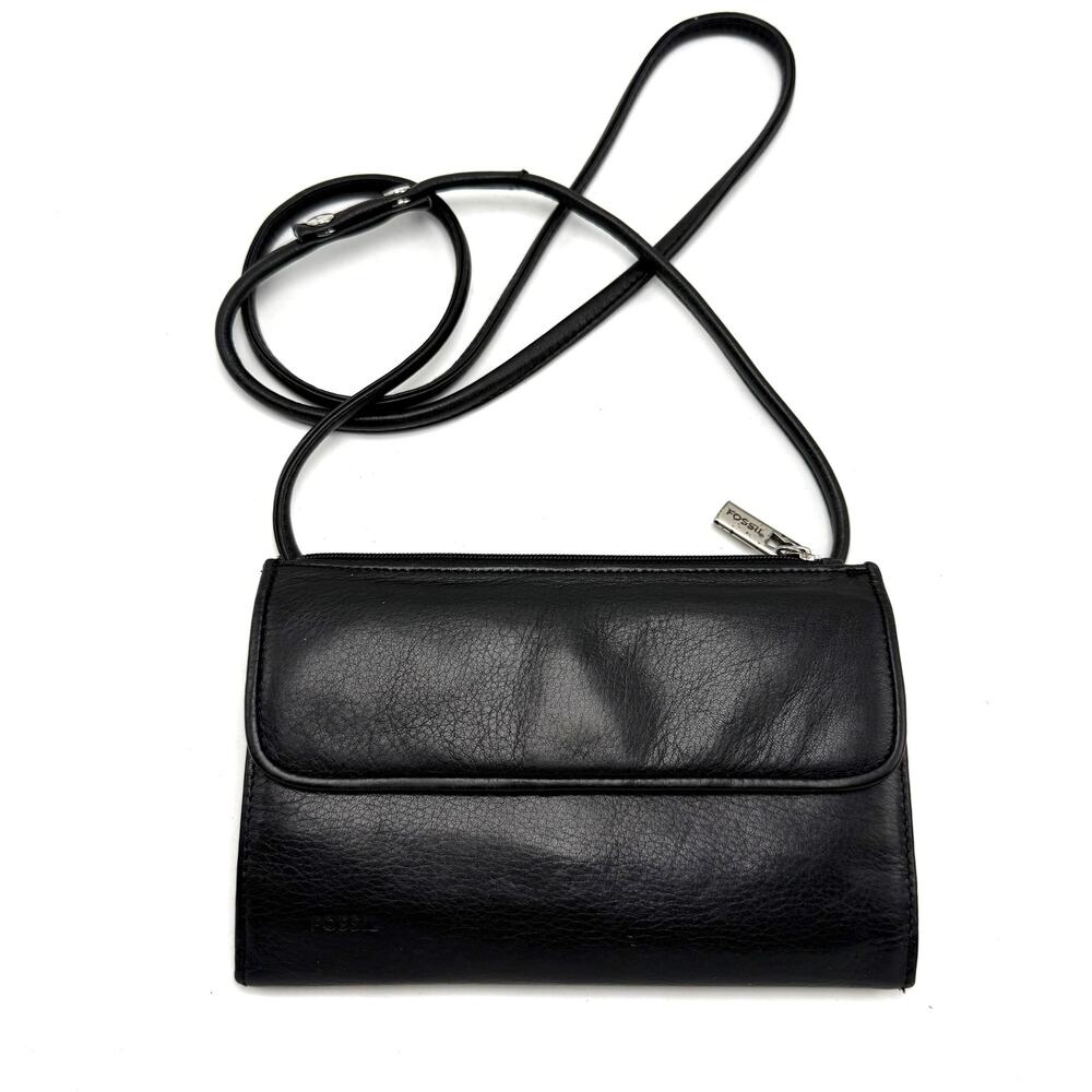 Fossil Crossbody Wallet Organizer Clutch Small Purse Black Leather Vintage Y2K